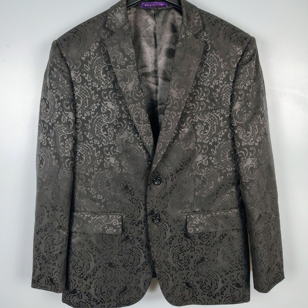 Vinci Mens SZ 40R Blazer Black Jacquard Paisley Dragon Regencycore Formal Jacket